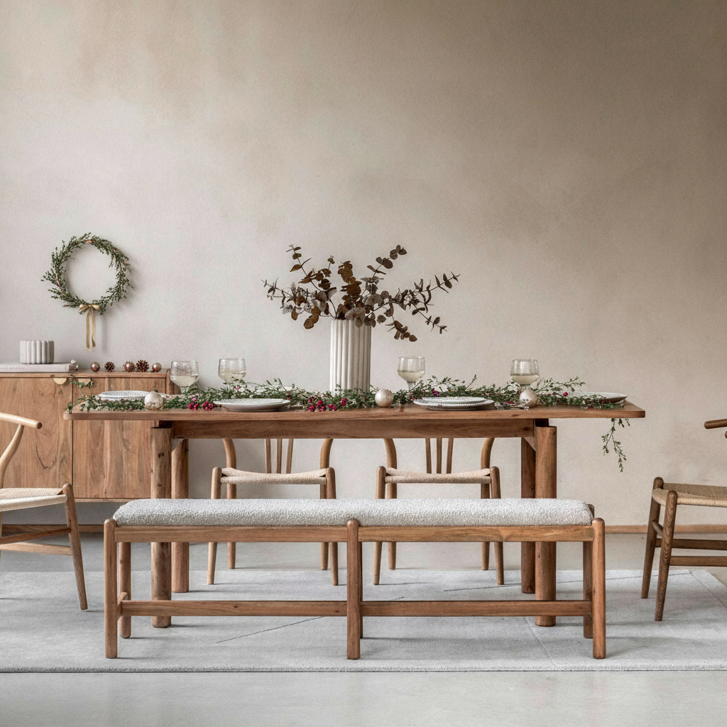 Dining room with wooden table, chairs, and bench against a beige wall.