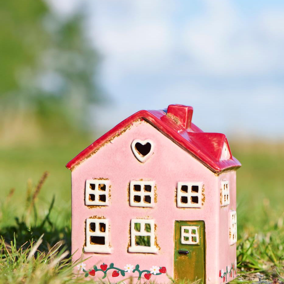 Small pink house with a red roof on grass