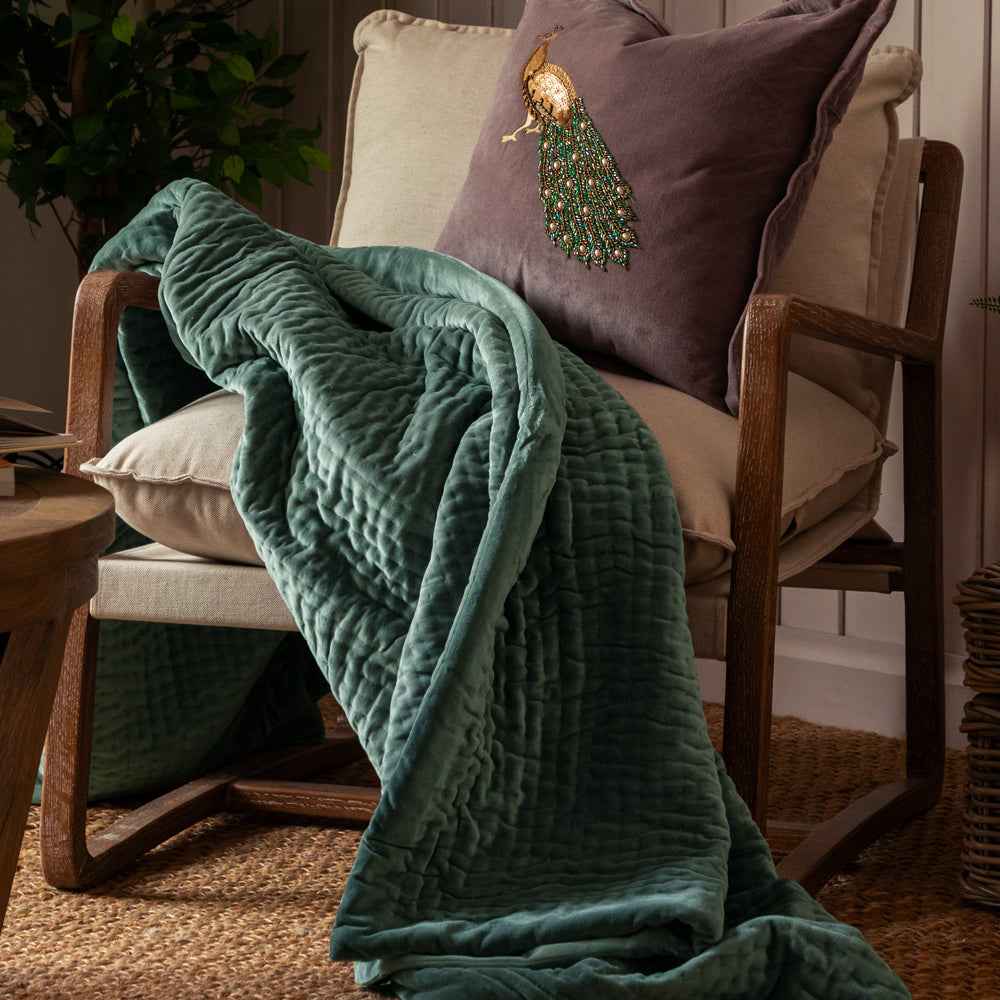 Haze Velvet Quilted Throw – Seafoam