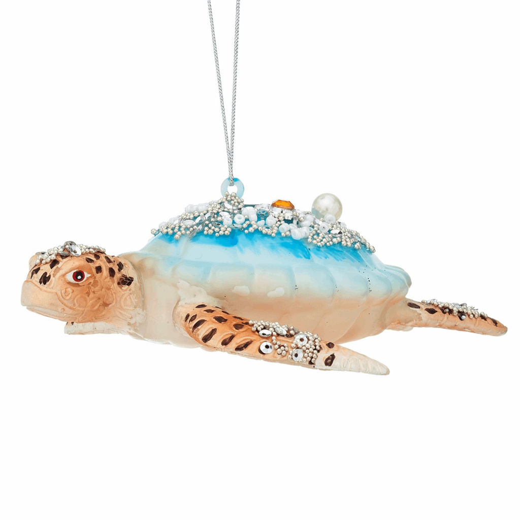 Blue and Natural Glitter Turtle Bauble Christmas Decoration