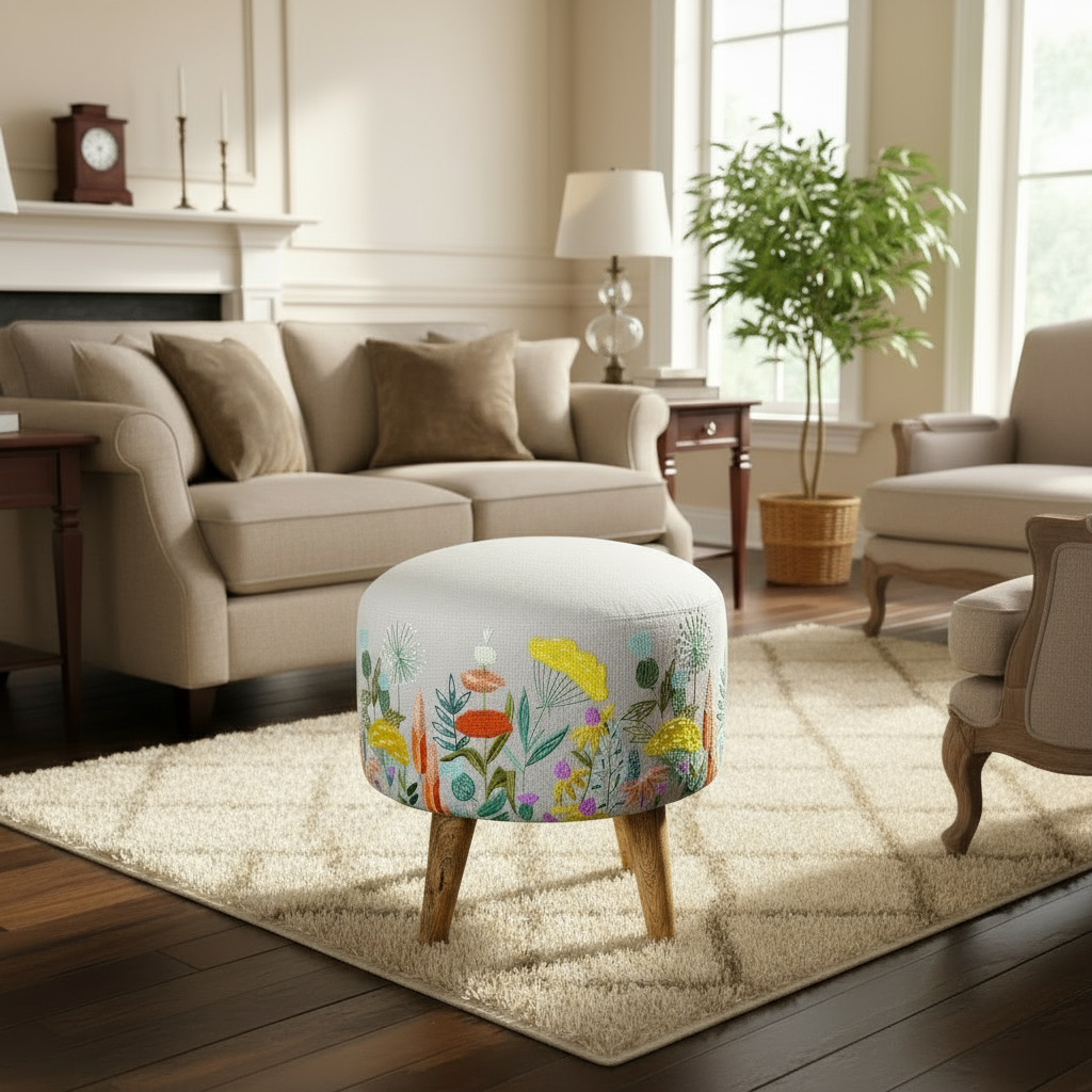 Wildflower Embroidered Footstool Summer - WowCornwall