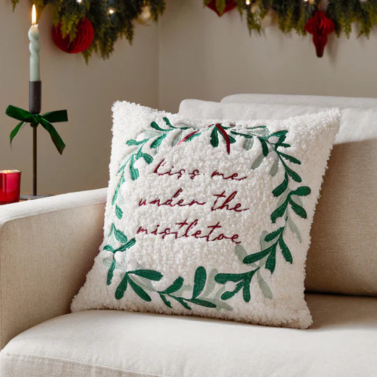 Mistletoe Wreath Embroidered Cushion - WowCornwall