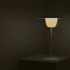 Table lamp with a white shade on a dark background