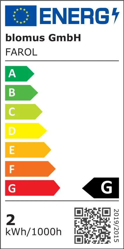 Energy label for blomus GmbH product with color-coded rating system and QR code.