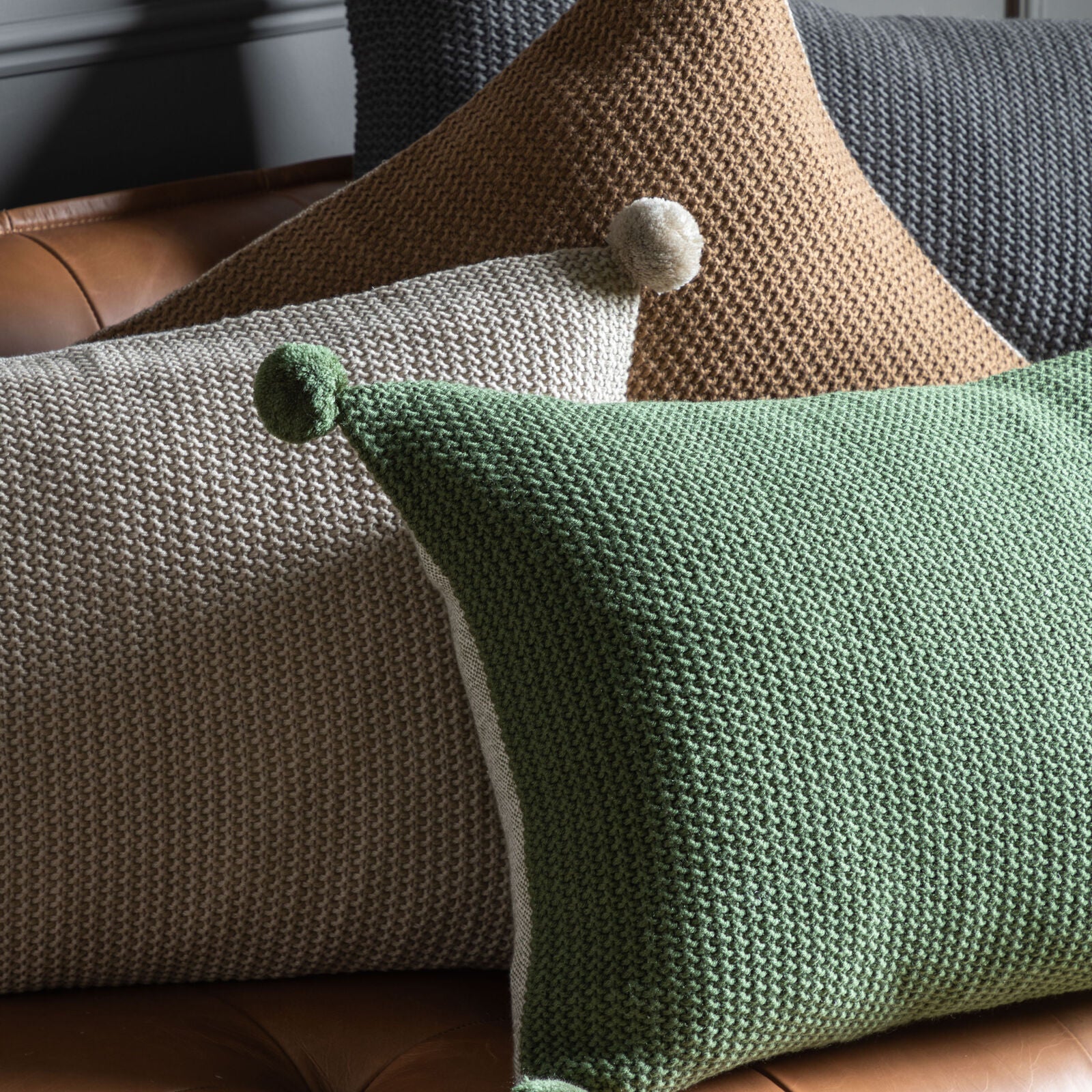 Moss Stitch PomPom Cushion Cover Natural