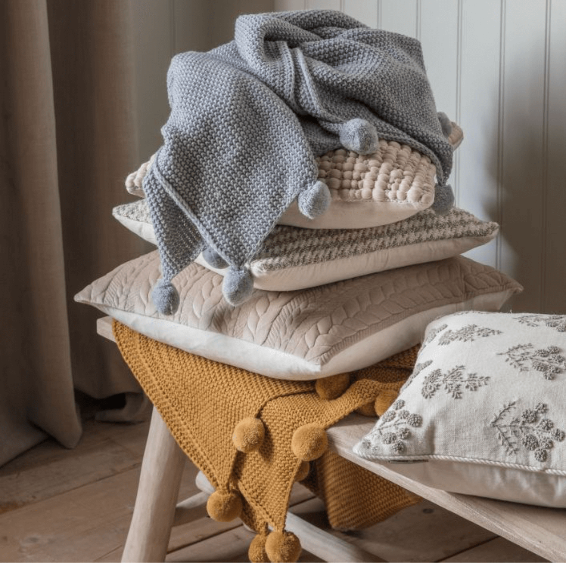 Grey Moss Stitched Pom Pom Throw - WowCornwall