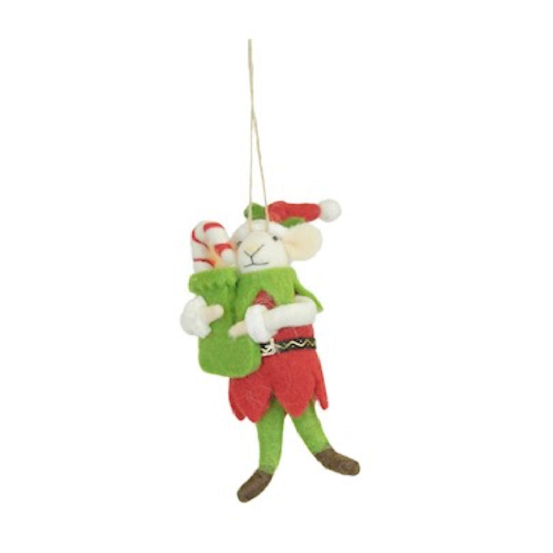 Hanging Mouse Elf Holding a Christmas Stocking Decoration - WowCornwall