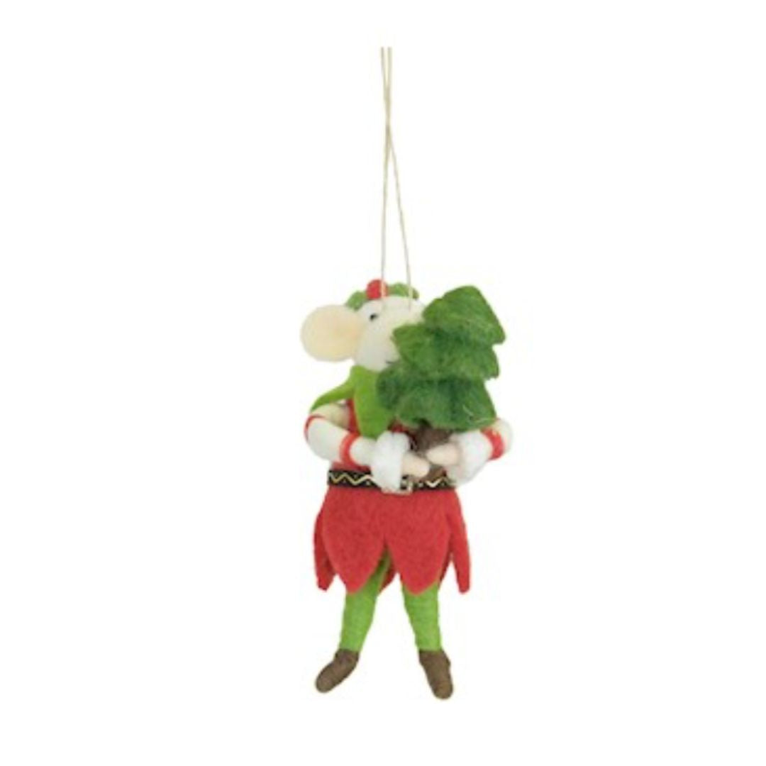 Hanging Mouse Elf Holding a Christmas Tree Decoration - WowCornwall