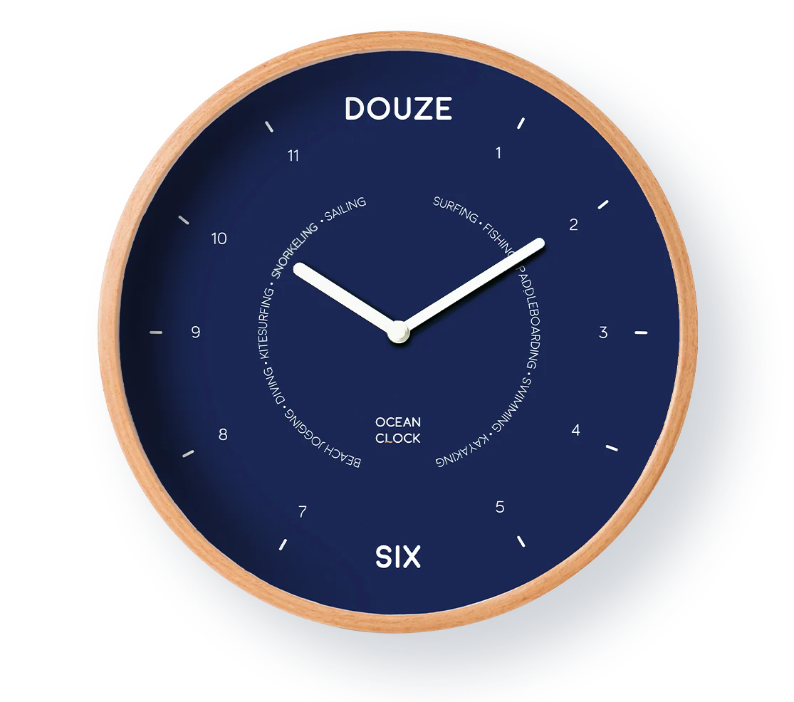 Wall clock with wooden frame and blue face displaying the brand 'Douze'.