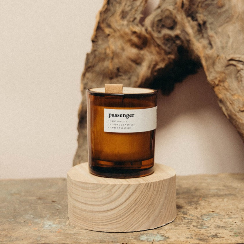 Passenger, smoke + leather premium soy candle - WowCornwall