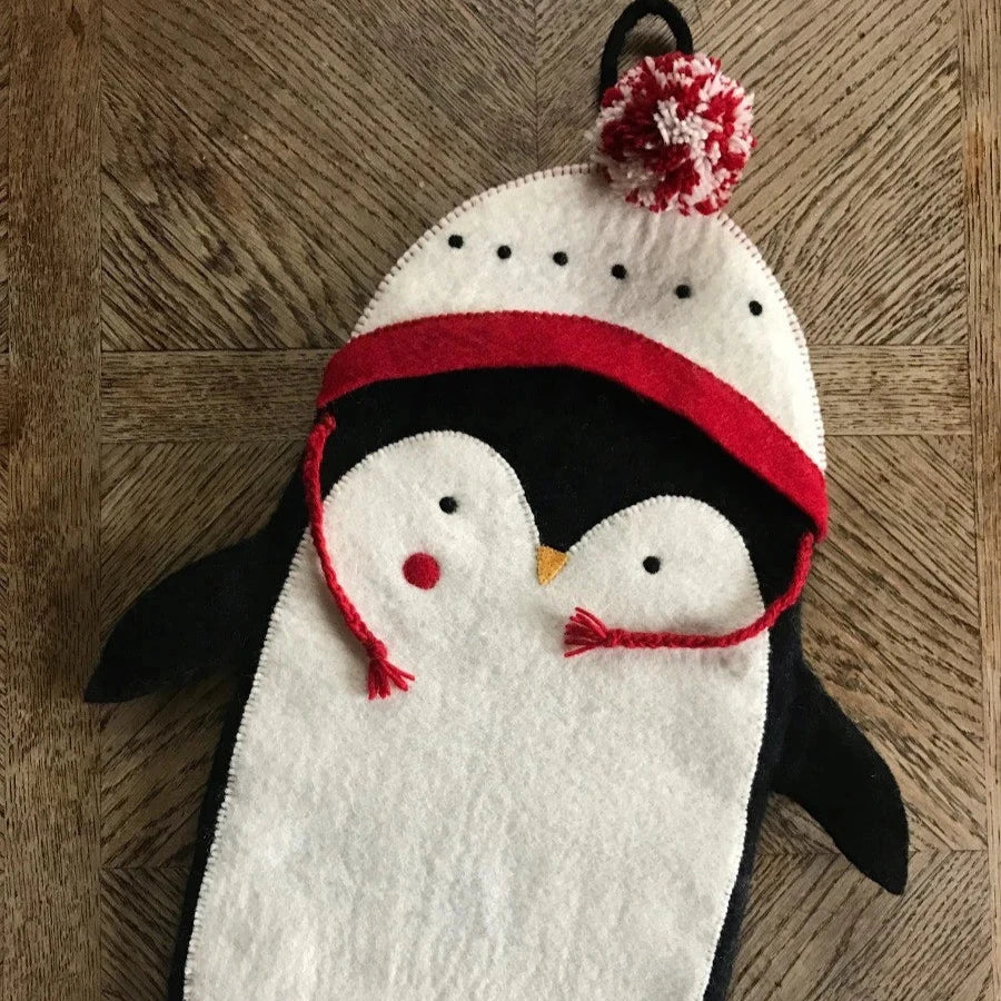 Penguin Stocking, with red hat,made by hand using organic felt, with hanging loop - WowCornwall