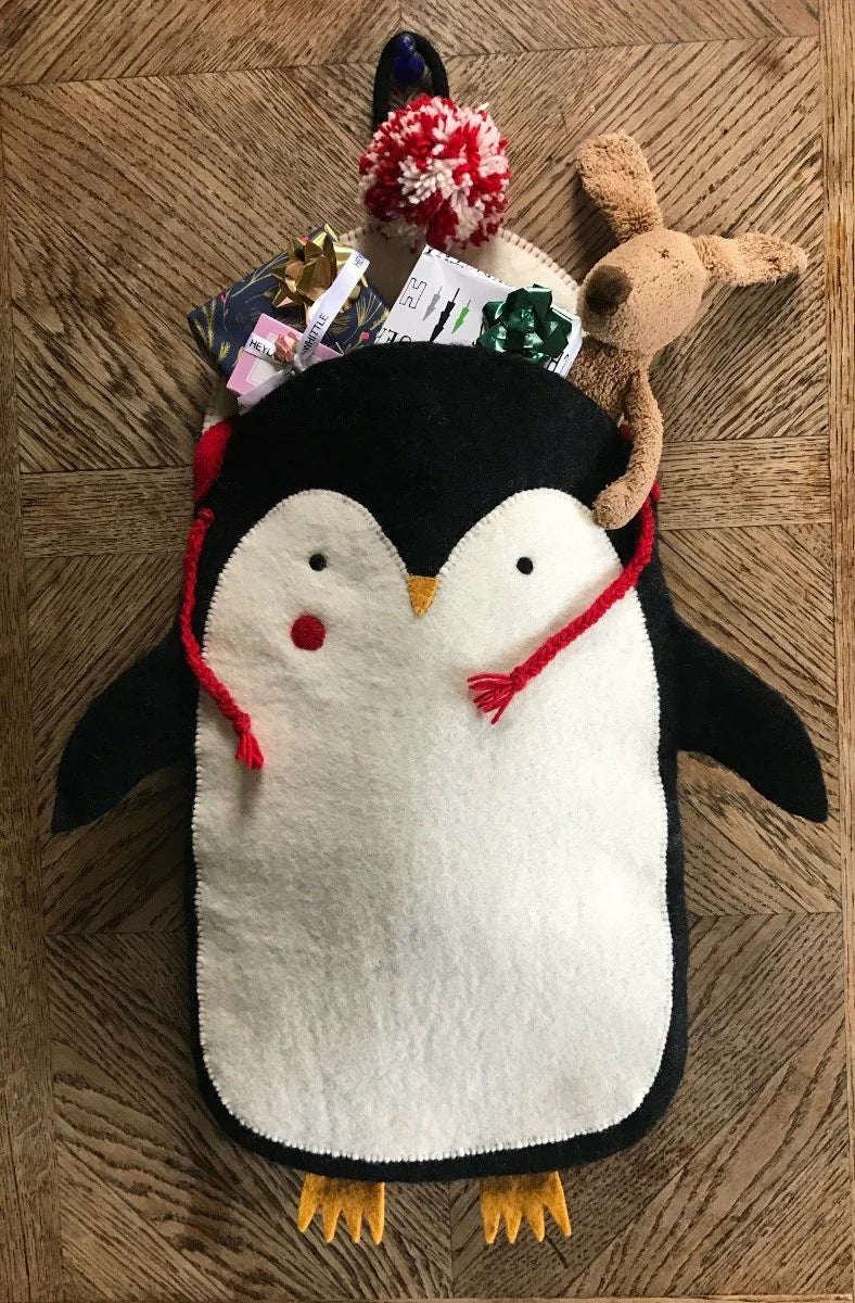 Penguin Stocking, with red hat,made by hand using organic felt, with hanging loop - WowCornwall