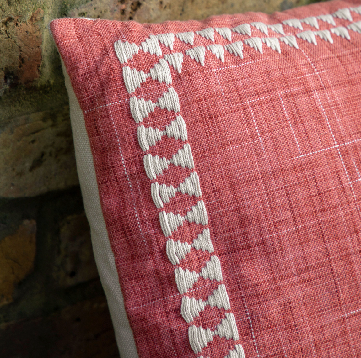 Kai Embroidered Border Showerproof Cushion - Apricot or Green - WowCornwall