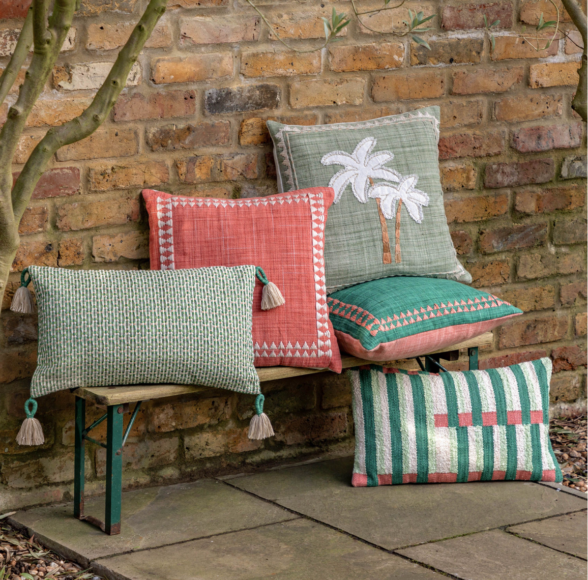 Kai Embroidered Border Showerproof Cushion - Apricot or Green - WowCornwall