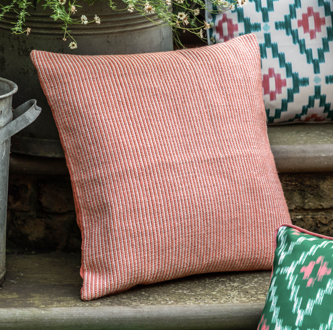 Ula Pinstripe Showerproof  Cushion - Apricot or Green - WowCornwall