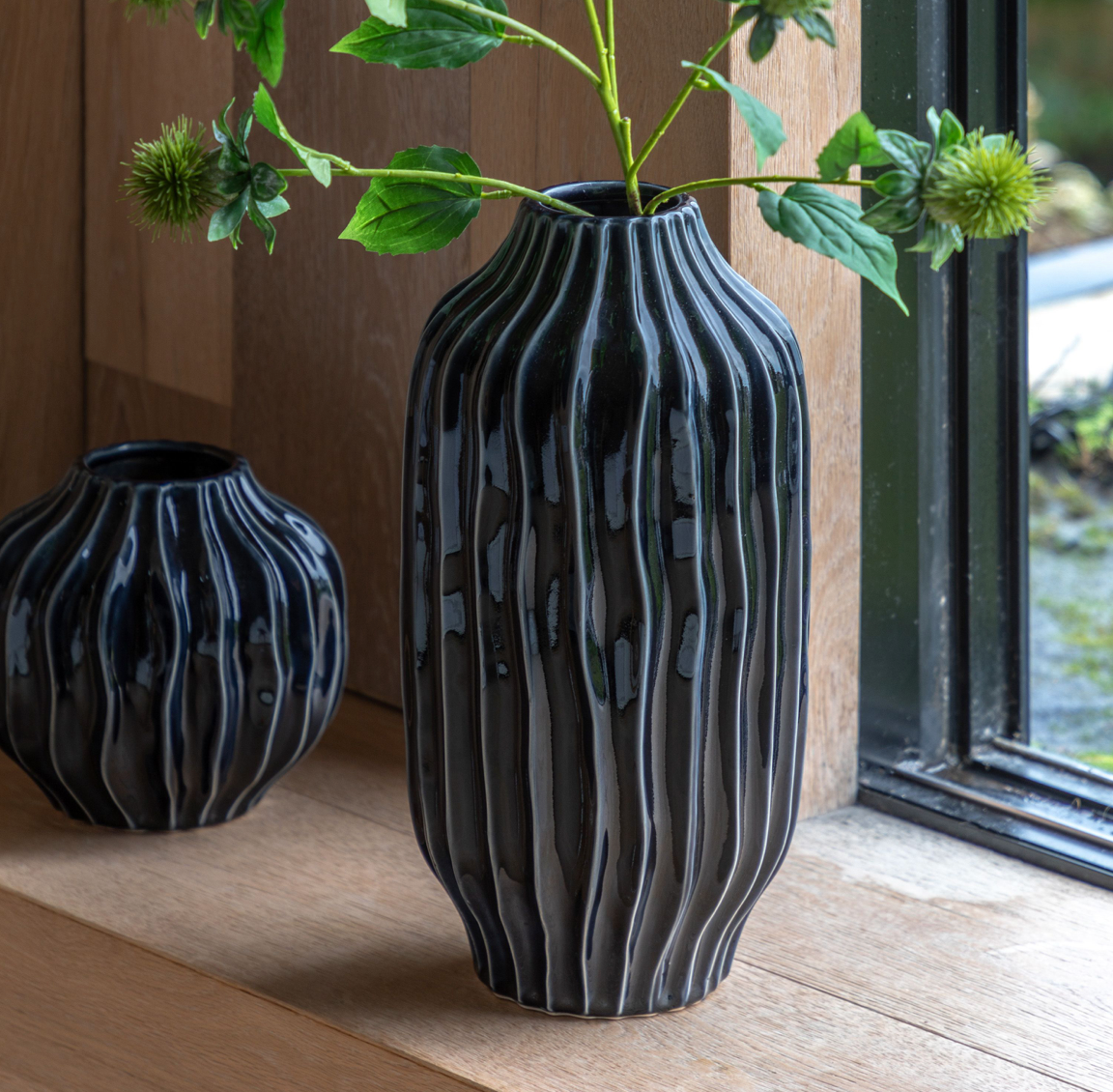 Organic Ribbed Vase Tall - Midnight or Olive - WowCornwall