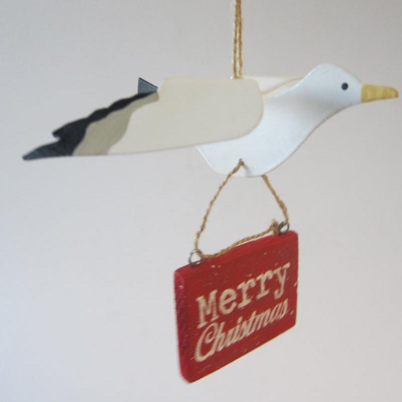 Seagull decoration with red Merry Christmas sign - WowCornwall