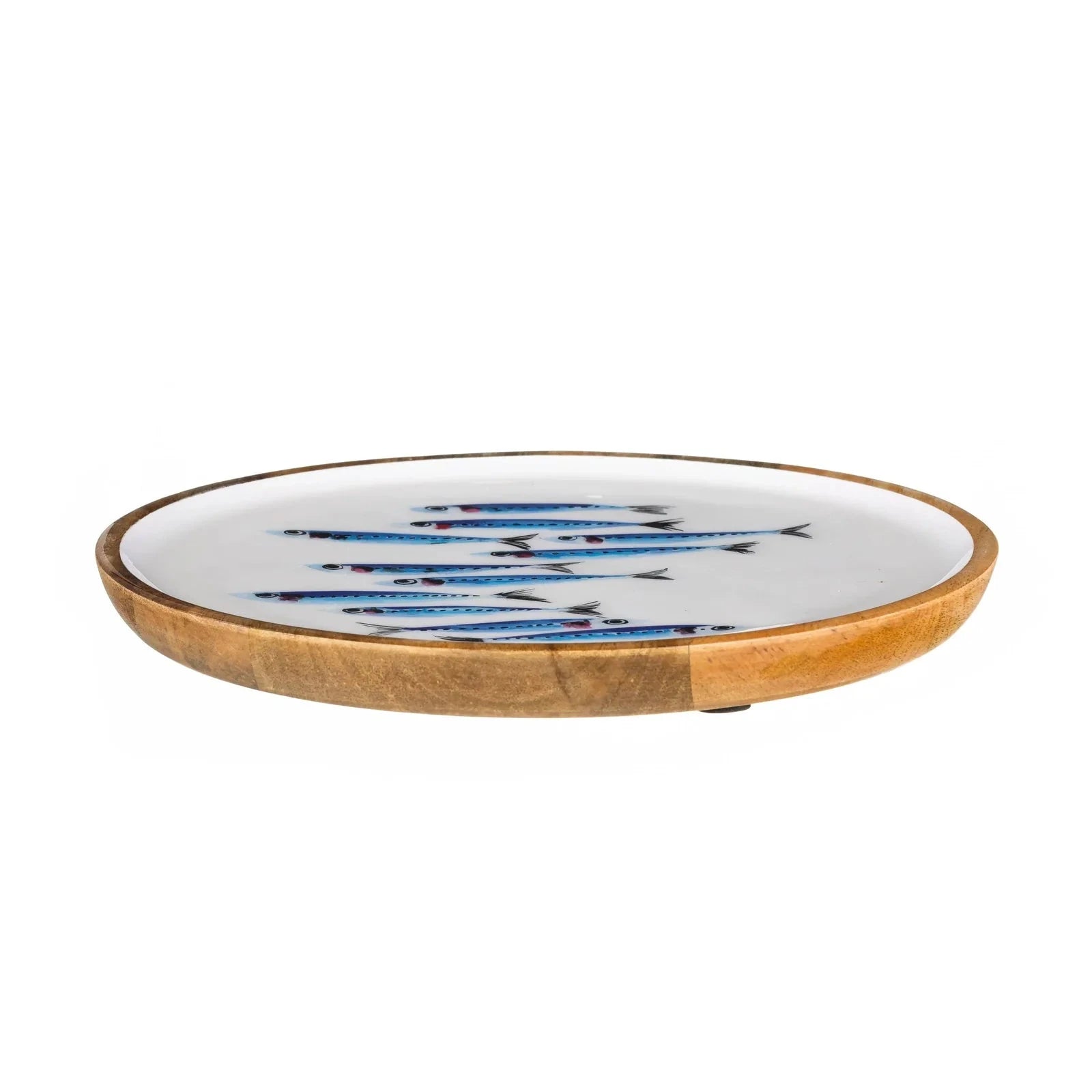 Round ceramic plate with wooden base on a white background