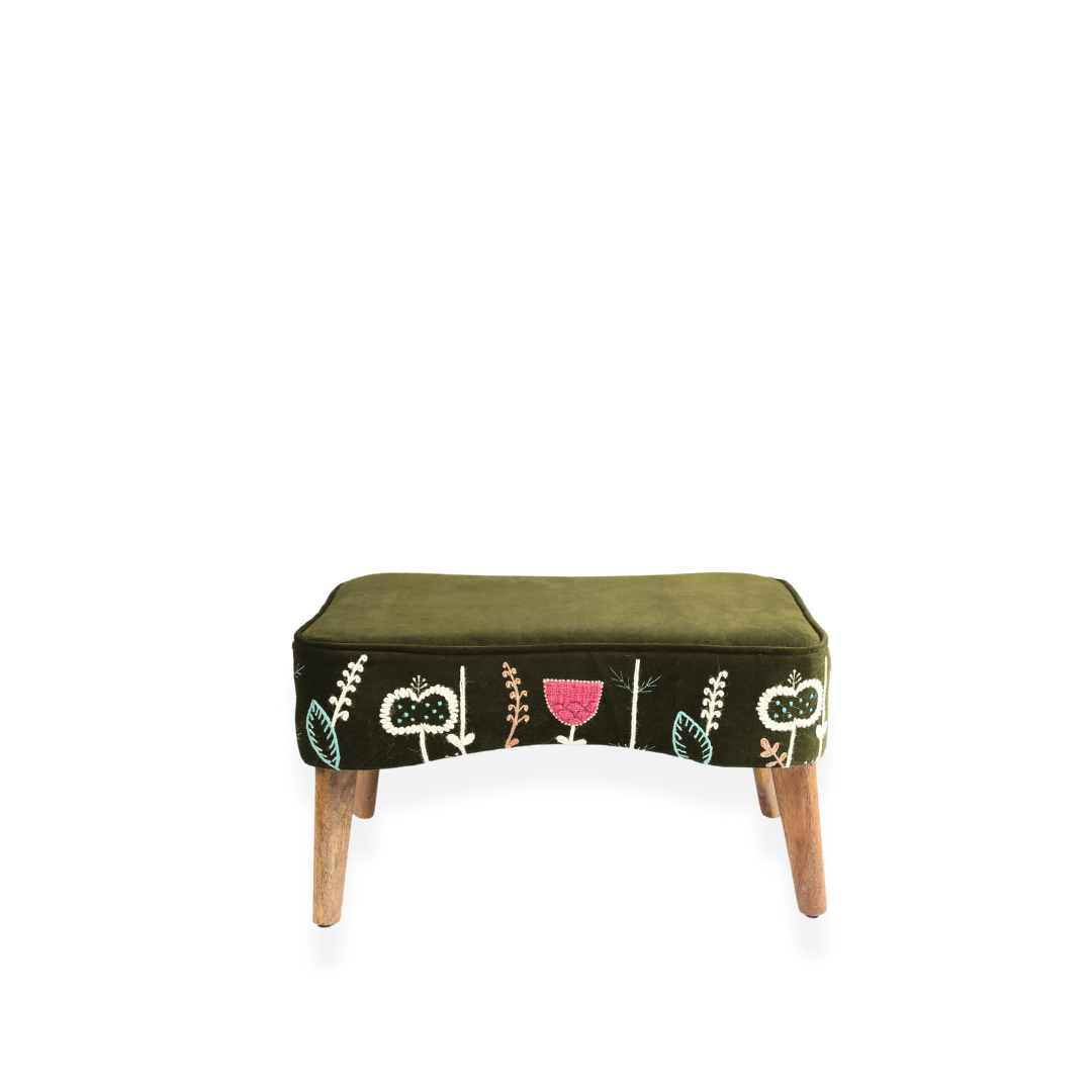 Prairie Embroidered Footstool Moss - WowCornwall