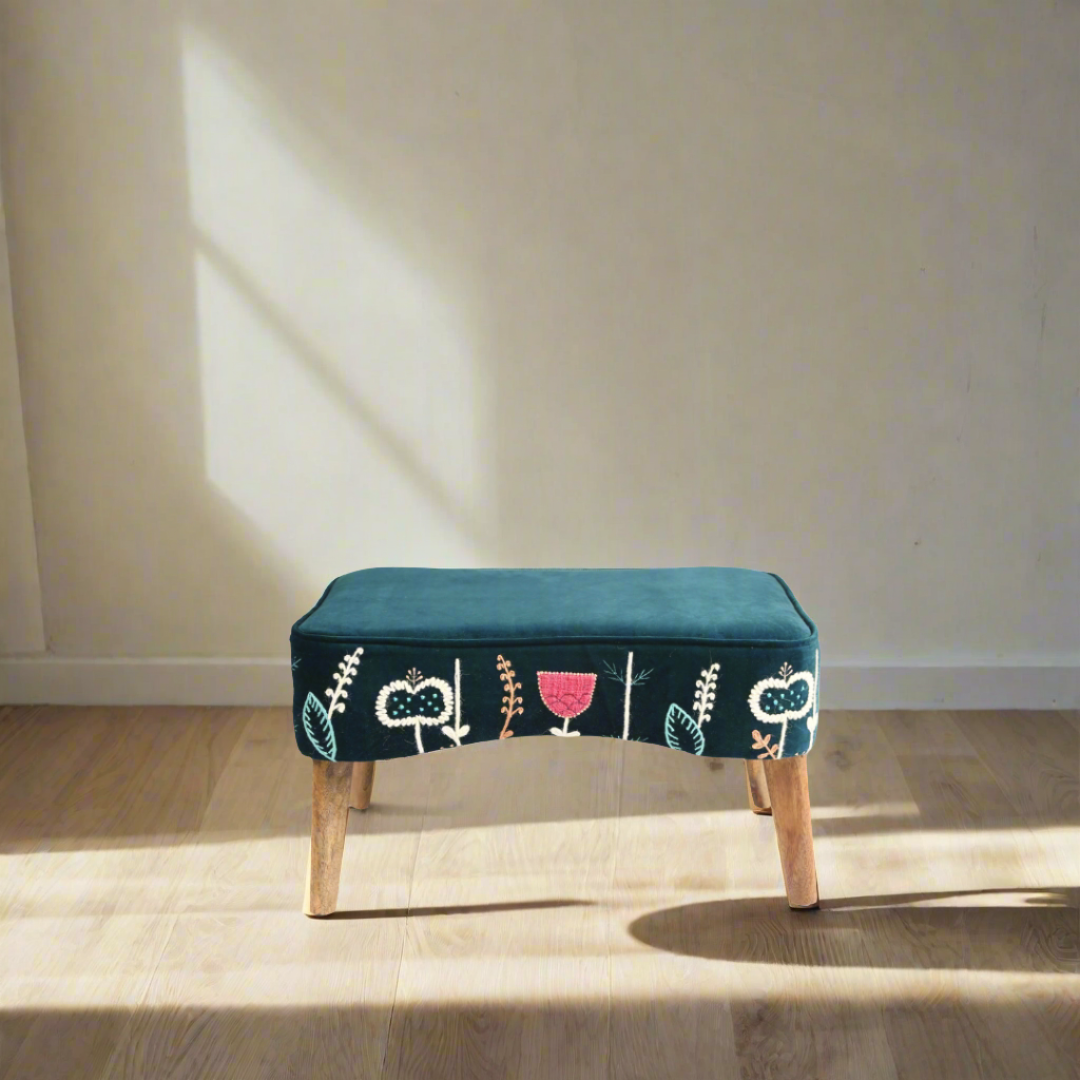 Prairie Embroidered Stool Teal - WowCornwall