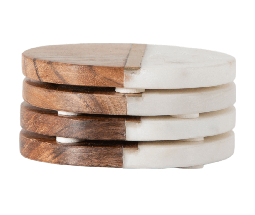 Stripe Coaster Marble/Wood/Brass (4pk) - WowCornwall