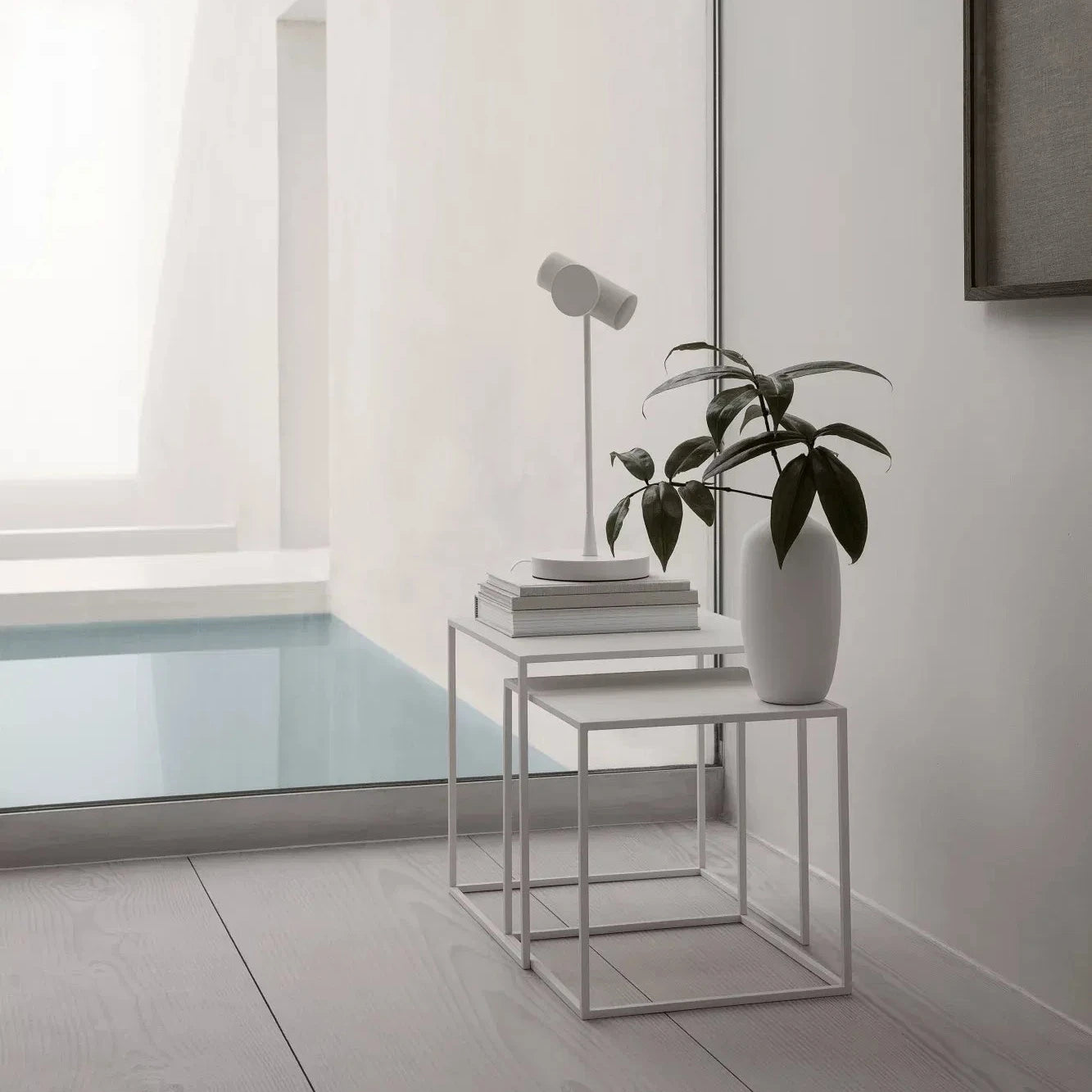Modern interior with a small table holding books and a plant, next to a window with a view of a pool.