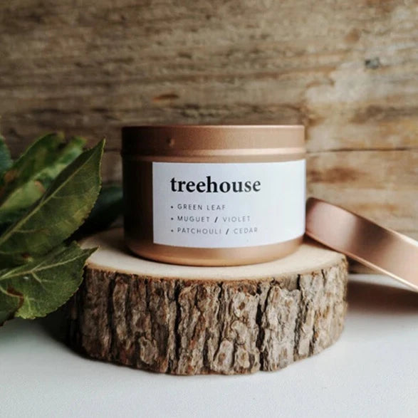 Treehouse, small rose gold tin candle - WowCornwall