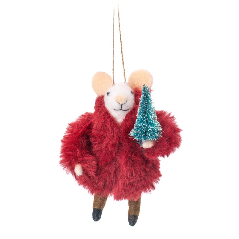 Mouse in Fur Coat with Tree Felt Decoration - WowCornwall