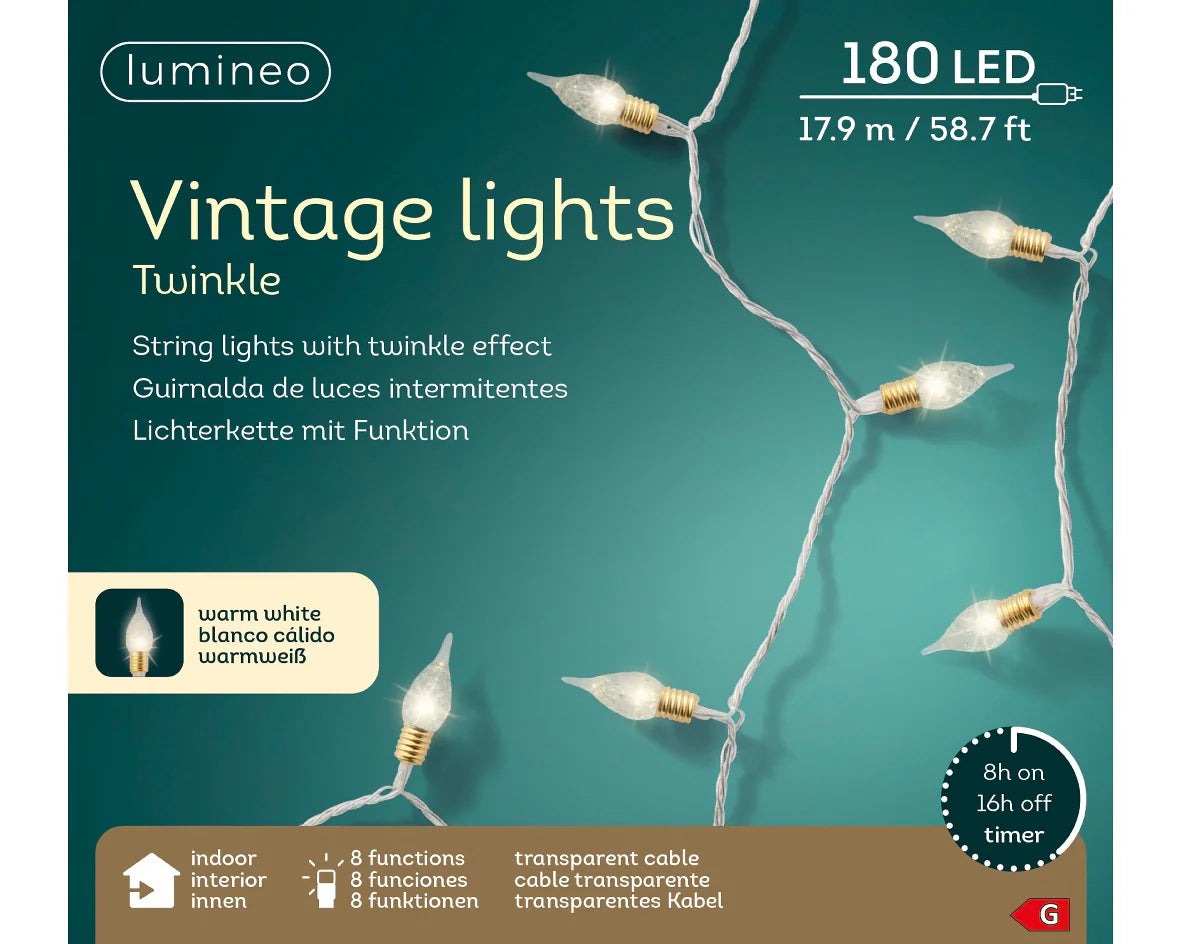 LED vintage indoor twinkle lights, 180 LEDs in 8 functions  - warm white - WowCornwall