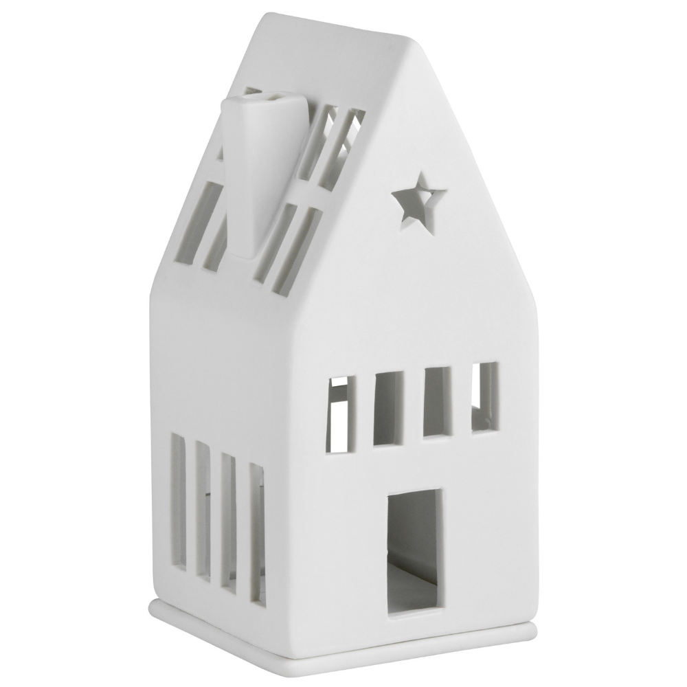 White house-shaped lantern with star cutout on a white background