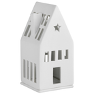 White house-shaped lantern with star cutout on a white background