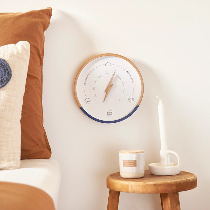 Navy Blue and White Wood Weather Barometer White Dial - WowCornwall