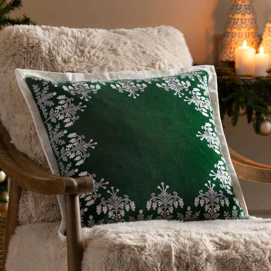 Winter Bloom Embroidered Cushion Berry, Taupe or Green