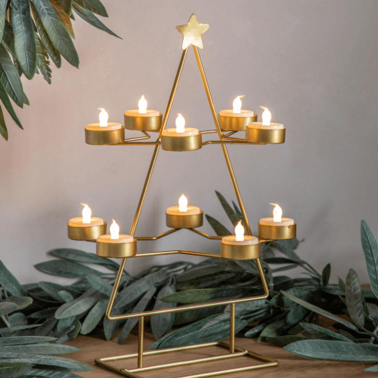 Xmas Tree Tealight Holder x10 Gold - WowCornwall