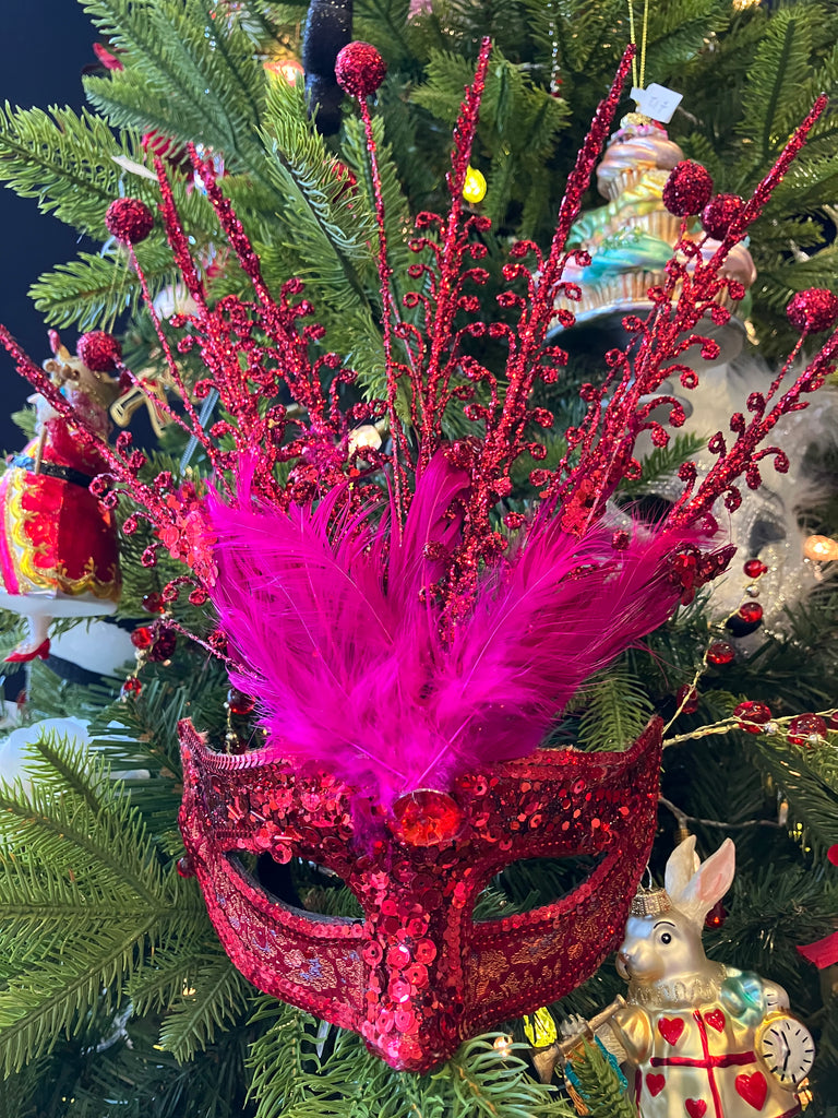 Red Glitter Feather Mask - WowCornwall