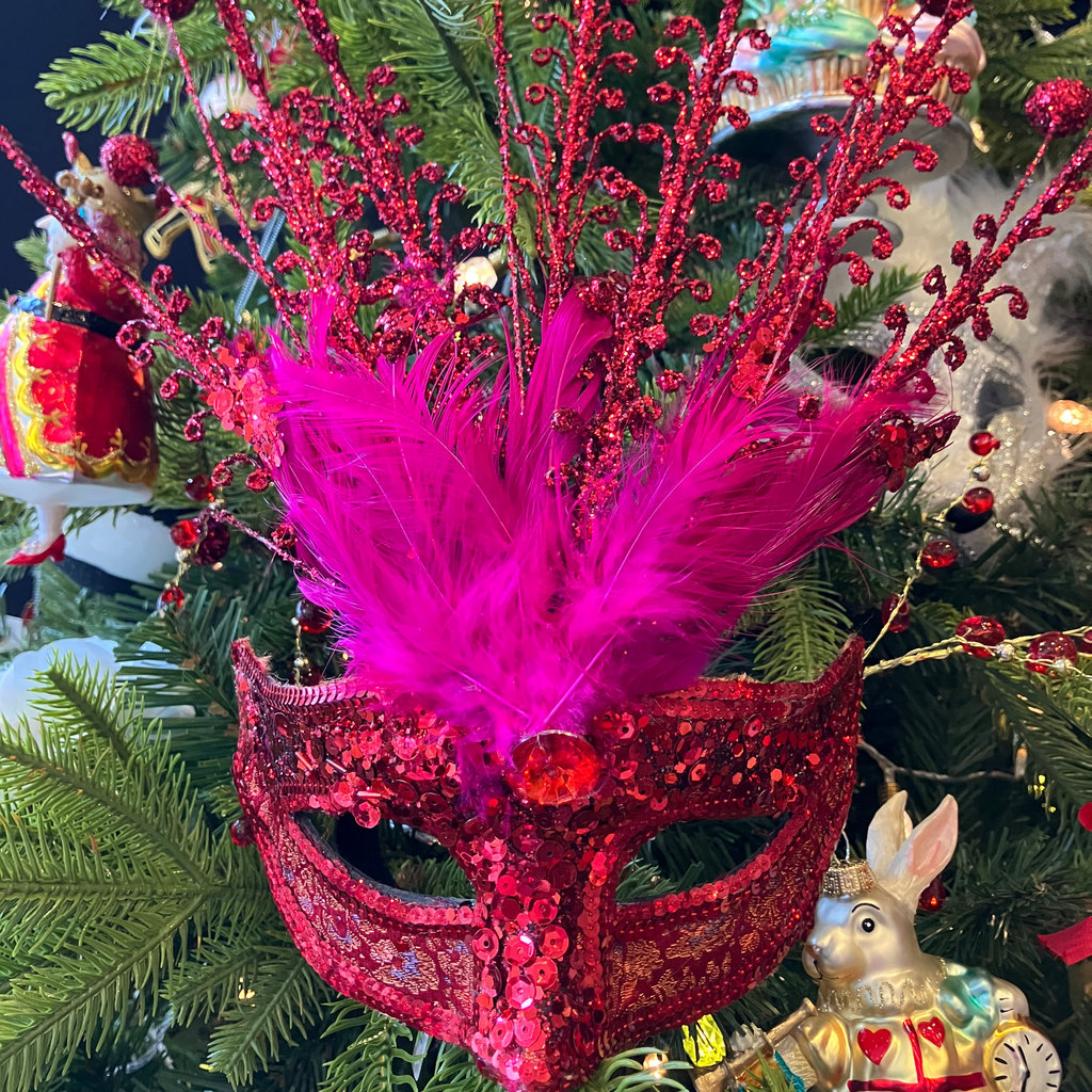 Red Glitter Feather Mask - WowCornwall