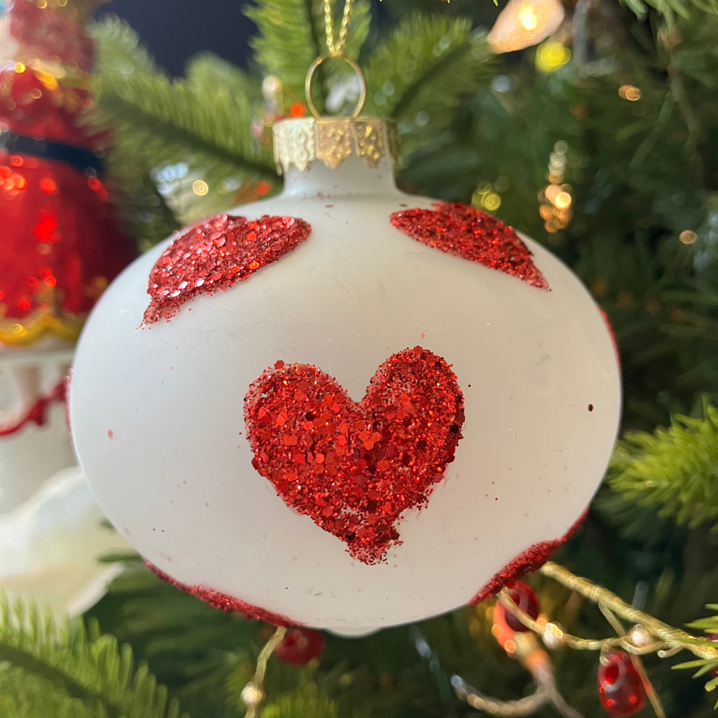 White/Red Frost Bauble with Red Hearts Decoration - WowCornwall