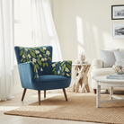 Amelia Heligan velvet armchair in navy with embroidered floral pattern in a coastal inspired living room
