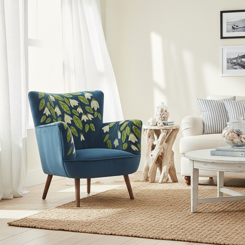 Amelia Heligan velvet armchair in navy with embroidered floral pattern in a coastal inspired living room
