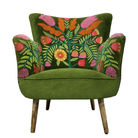 Amelia Kelmscott velvet armchair in moss green with embroidered floral pattern
