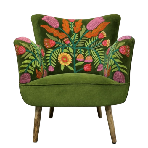Amelia Kelmscott velvet armchair in moss green with embroidered floral pattern
