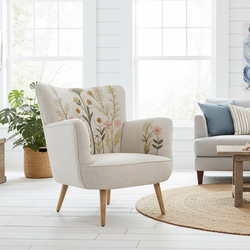 Amelia Winslow armchair in natural linen fabric with embroidered floral pattern in a living room
