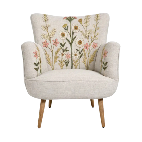 Amelia Winslow armchair in natural linen fabric with embroidered floral pattern
