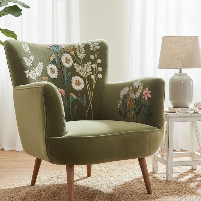 Amelia Winslow velvet armchair in bayleaf green with embroidered floral pattern in a living room

