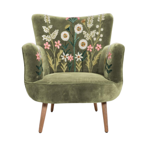 Amelia Winslow velvet armchair in bayleaf green with embroidered floral pattern
