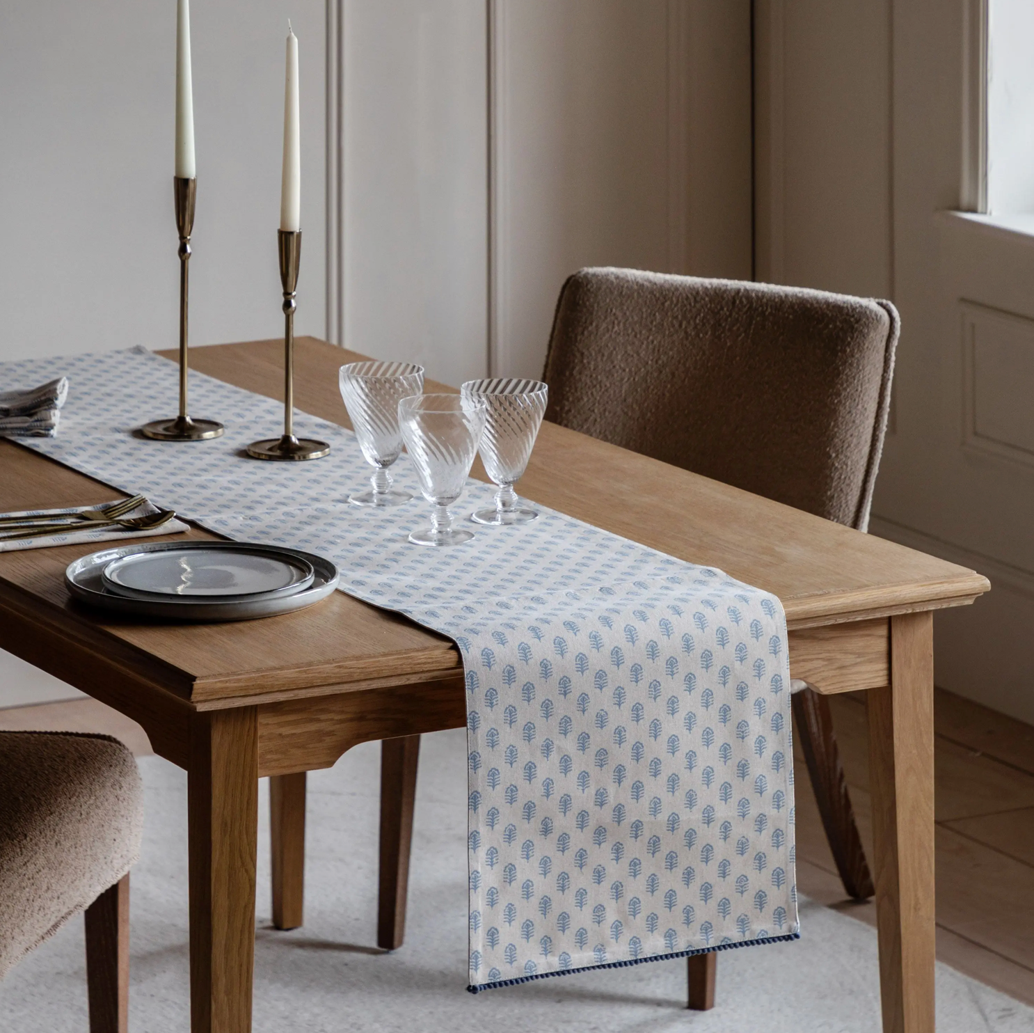 Fleur Floral Stamp Table Runner Blue