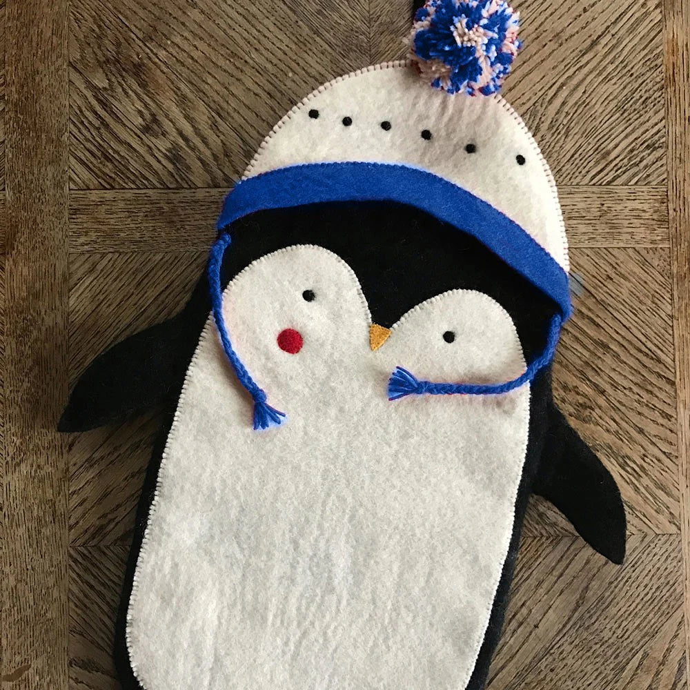 Penguin Stocking, with blue hat,made by hand using organic felt, with hanging loop - WowCornwall