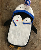 Penguin Stocking, with blue hat,made by hand using organic felt, with hanging loop - WowCornwall