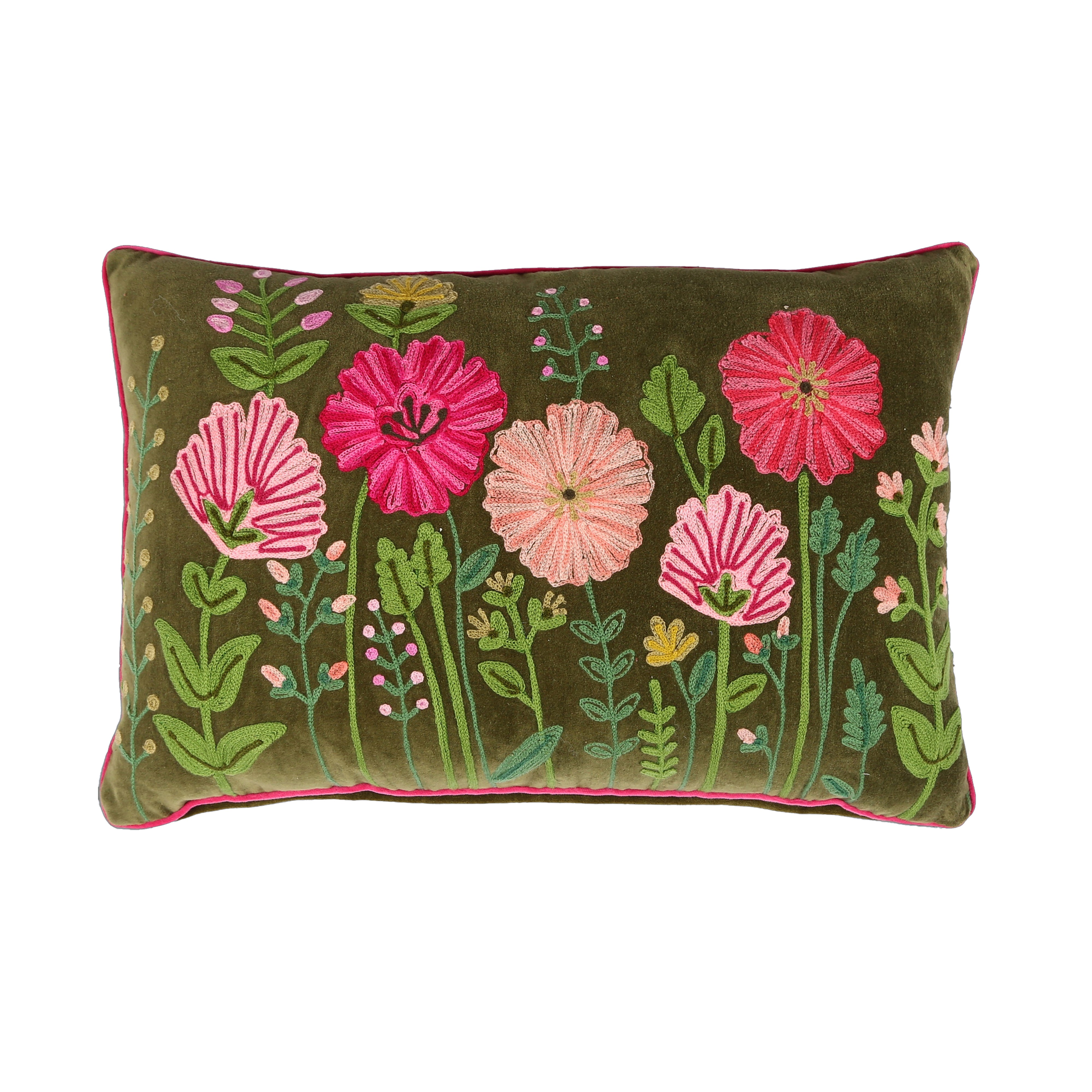 Meadow Velvet Embroidered Cushion Moss - WowCornwall