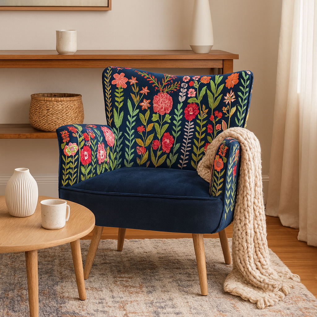 Eden Embroidered Velvet Chair, Navy